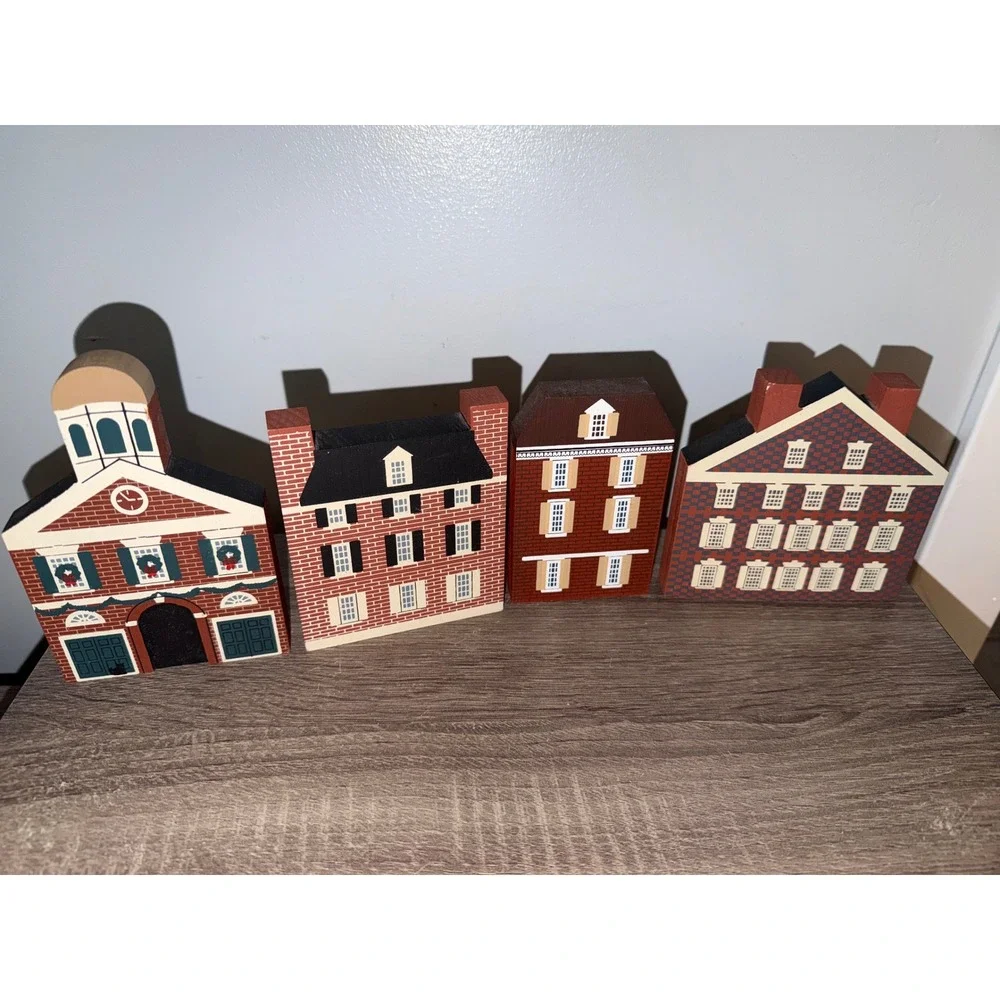 The Cats Meow Village Philadelphia Christmas Series 1988 Wooden Block Set 4pc